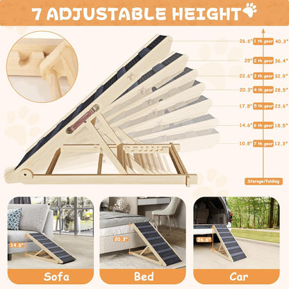 YaFiti Dog Ramp for Bed, Folding Wooden Pet Ramp for Small Large Dogs Cats, 7 Adjustable Height from 10.8" to 26.6", Portable Stable Dog Pet Steps for Car Couch High Bed, Supports Up to 200lbs