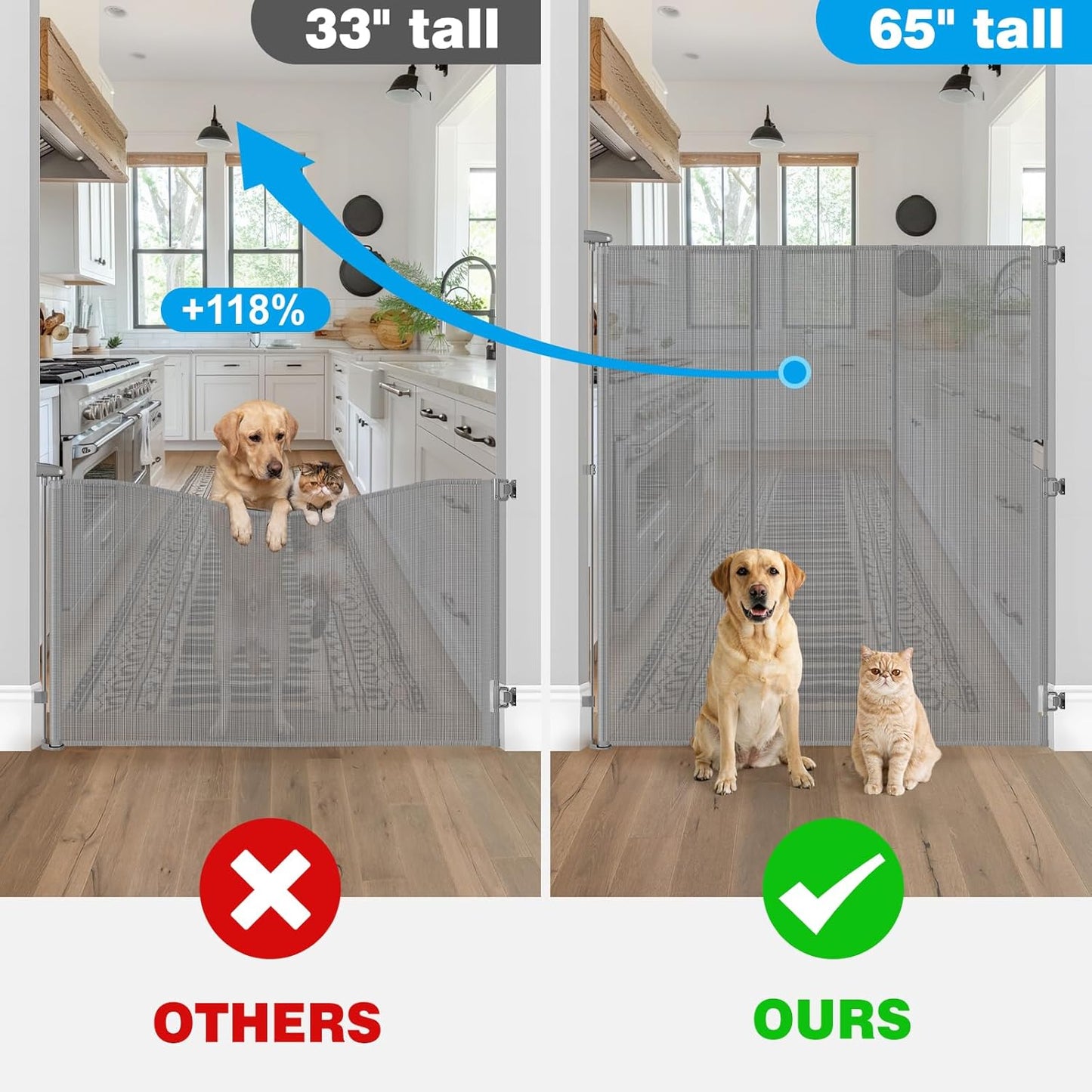 Reinforced 65" Extra Tall Pet Gate for Doorway, Jump-Resistant & Prevent Crawling Underneath Retractable Baby Gates Extra Tall, 0-55" W Retractable Dog Gate for Pet, Dogs, Cats, Puppies, Babies, Black