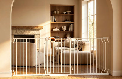 Baby Gates Extra Wide for Doorways 90.6-95.2 Inch Extra Wide Pressure Mounted Baby Dog Gate for the House Indoor Large Openning Metal Safety Gate No Drilling with Walk-Through Door,Black