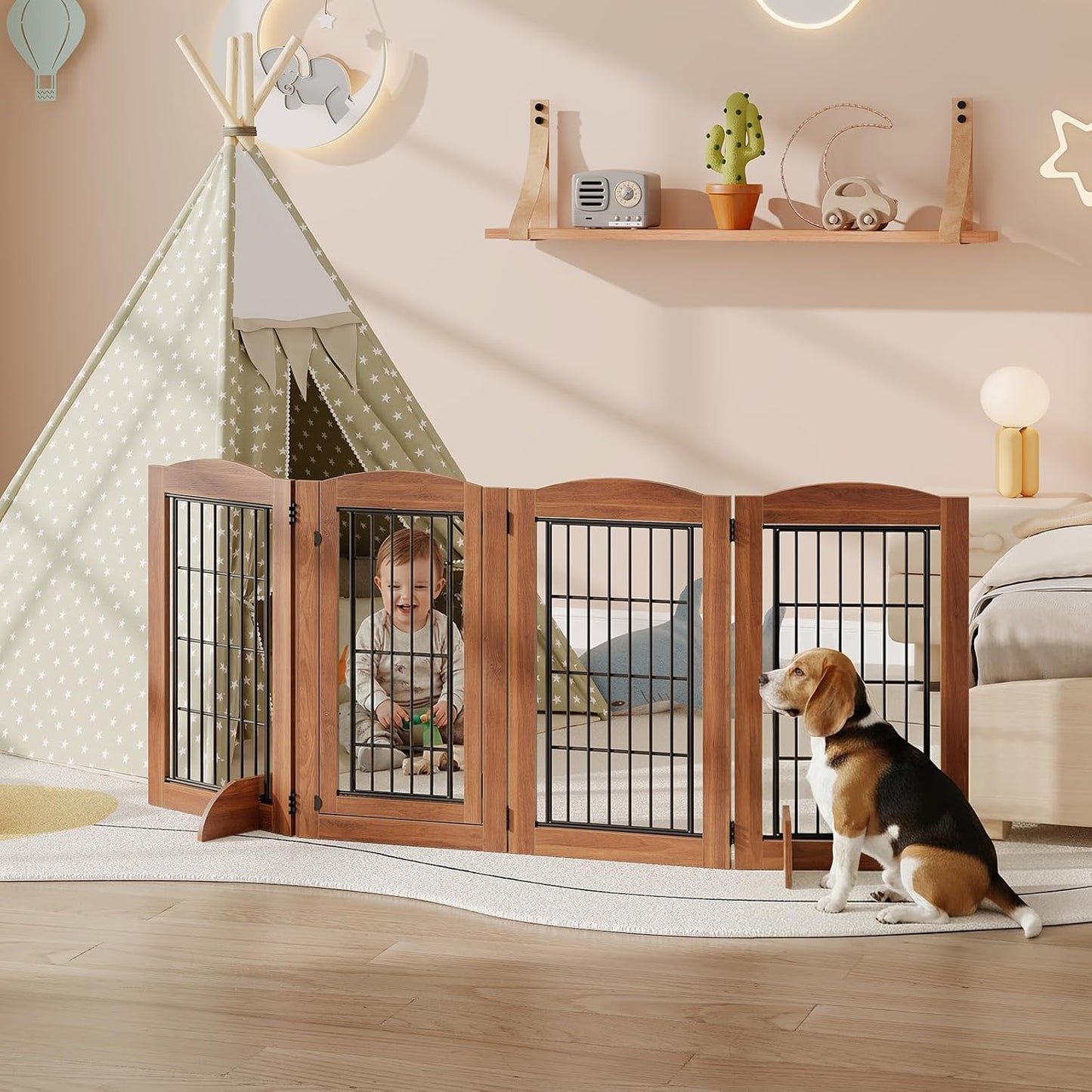 HOOBRO Dog Gate with Door Walk Through, 24.8'' Tall Freestanding Pet Gate with 2 Support Feet, Foldable Dog Fence Indoor, 360° Rotating Hinges, for Doorways, Stairs, Walnut BH85PP03