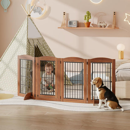 HOOBRO Dog Gate with Door Walk Through, 24.8'' Tall Freestanding Pet Gate with 2 Support Feet, Foldable Dog Fence Indoor, 360° Rotating Hinges, for Doorways, Stairs, Walnut BH85PP03