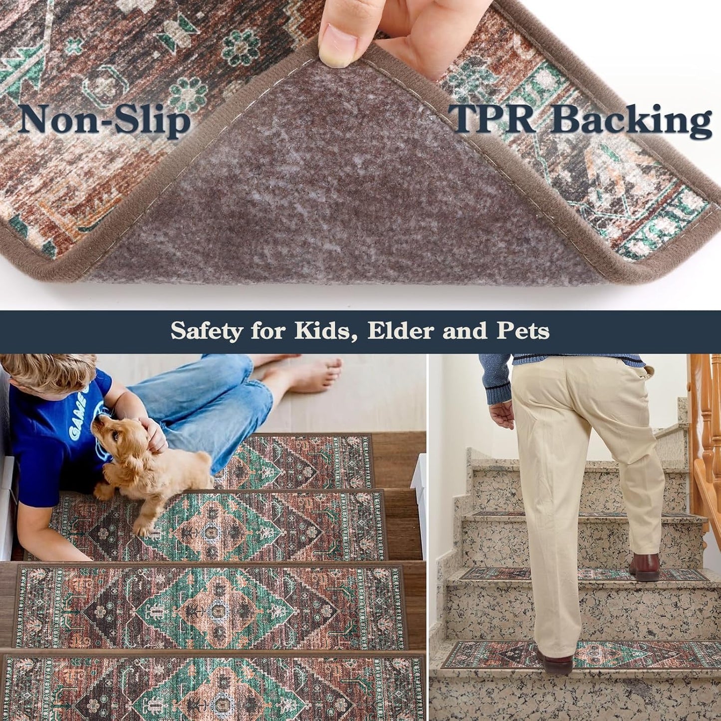 Lahome Stair Treads Non Slip 15 Pack 8" X 30" Stair Treads for Wooden Steps, Washable Self Adhesive Stair Runners Stain Resistant Stair Carpet, Edging Staircase for Kids Elders and Dogs Dorie, Taupe