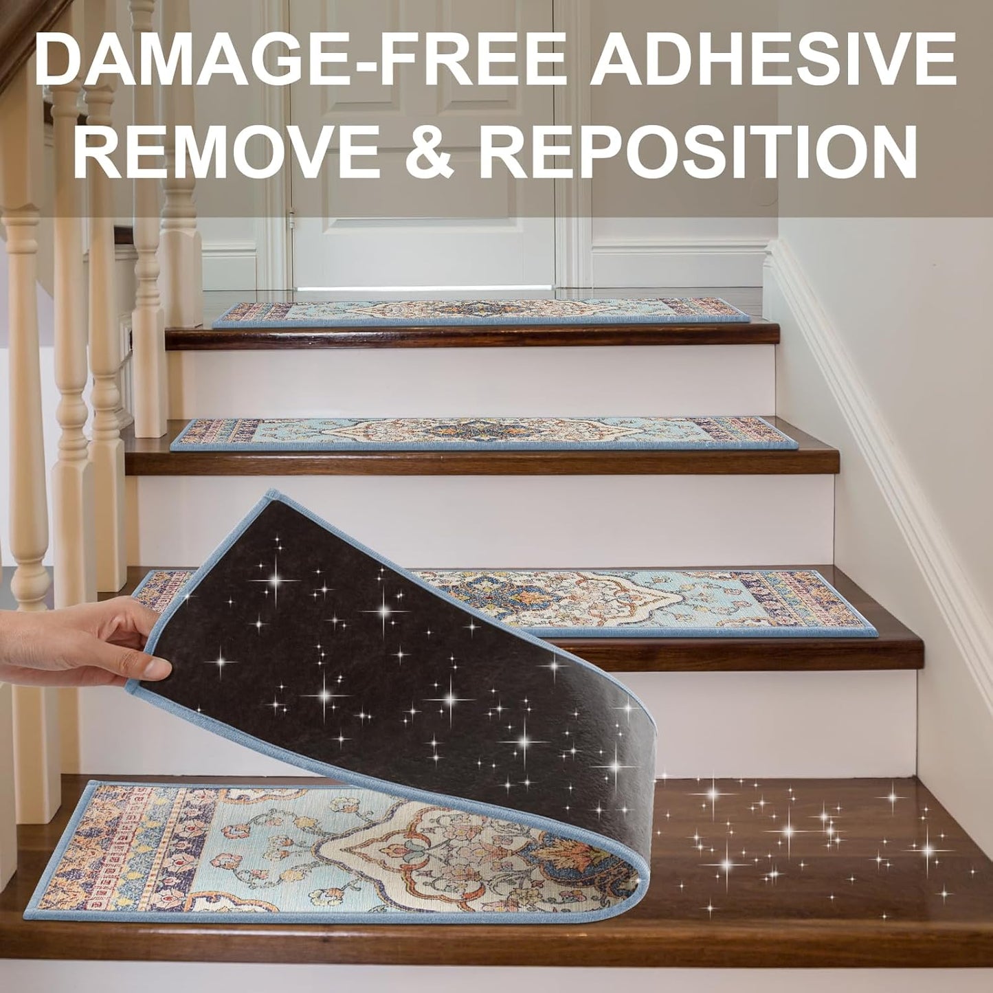 Non Slip Stair Treads for Wooden Steps Indoor, Dark Grey, 15pcs, 30"X8", Soft Carpet Mat, Machine Washable Boho Carpet Treads with Reusable Adhesive Backing, Safety Stair Tread for Dogs, Kids, Elders