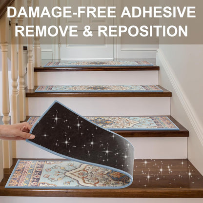 Non Slip Stair Treads for Wooden Steps Indoor, Dark Grey, 15pcs, 30"X8", Soft Carpet Mat, Machine Washable Boho Carpet Treads with Reusable Adhesive Backing, Safety Stair Tread for Dogs, Kids, Elders