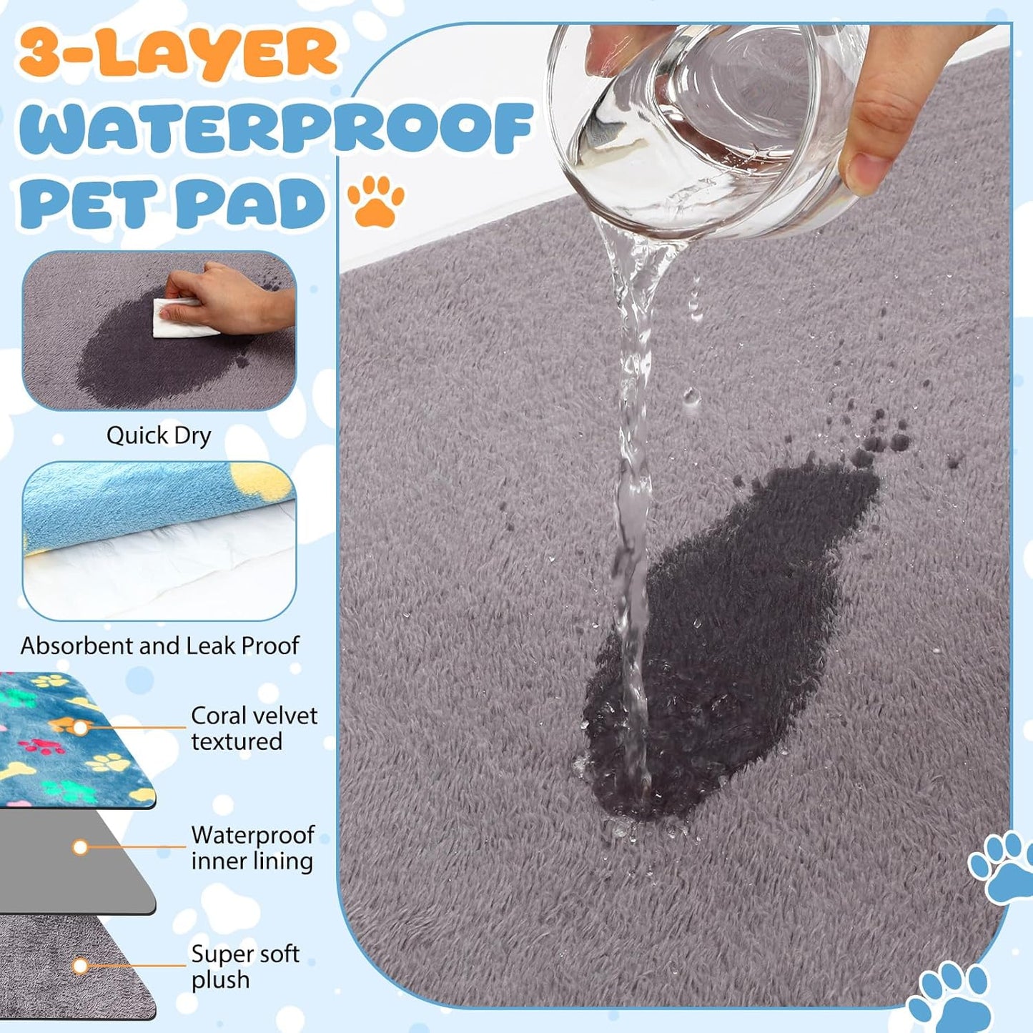 Tegeme 6 Pcs Waterproof Dog Blanket 24 x 16 Inch Paw Print Pet Blanket for Dogs Cats Puppy Washable Soft Fluffy Fleece Rug Flannel Throw Warm Sleep Mat for Kitten Doggy