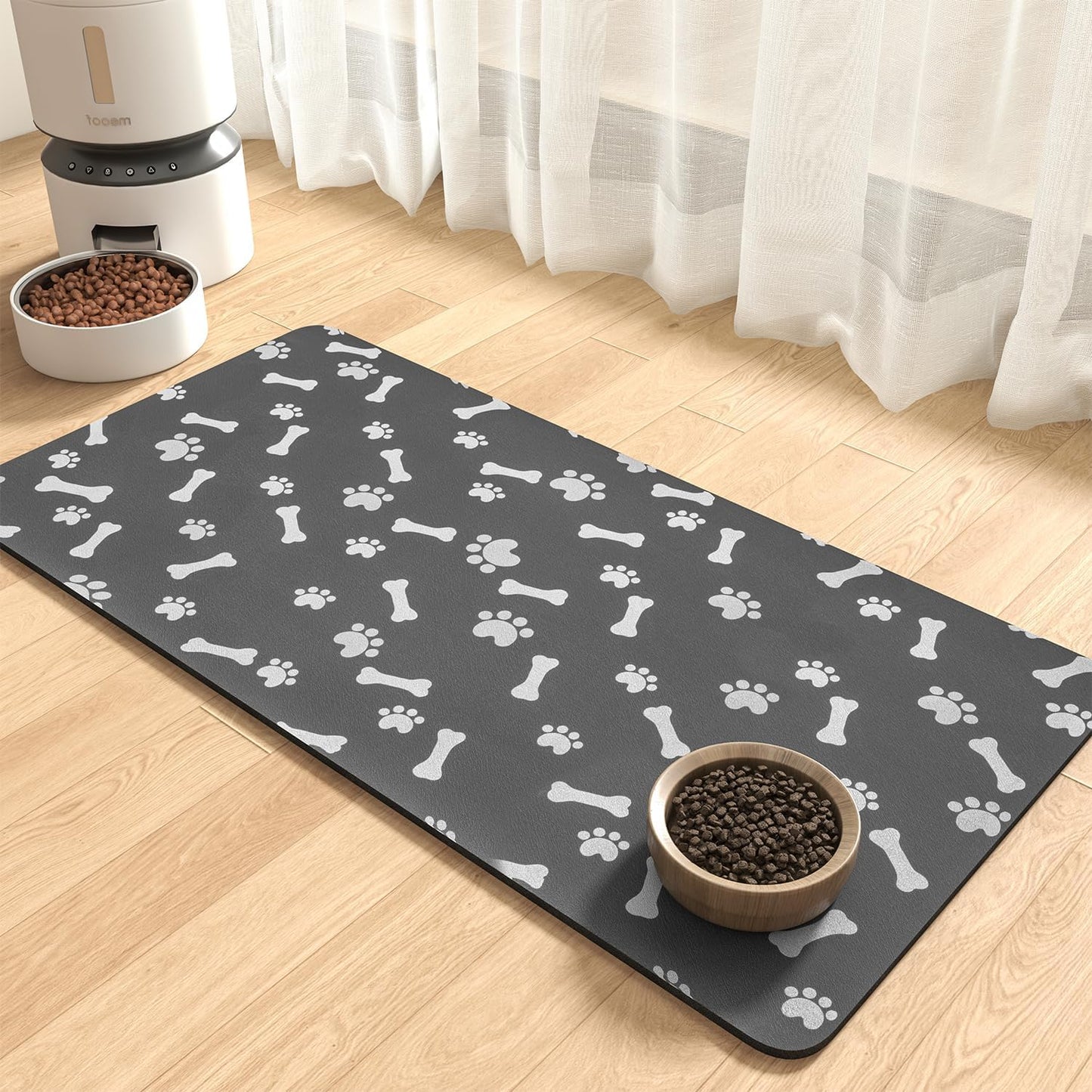 MontVoo Dog Food Mat-Pet Feeding Mat for Food and Water-No Stains Quick Dry Dispenser Cat Bowl Mat for Messy Drinkers(12"x19" Dark Grey)