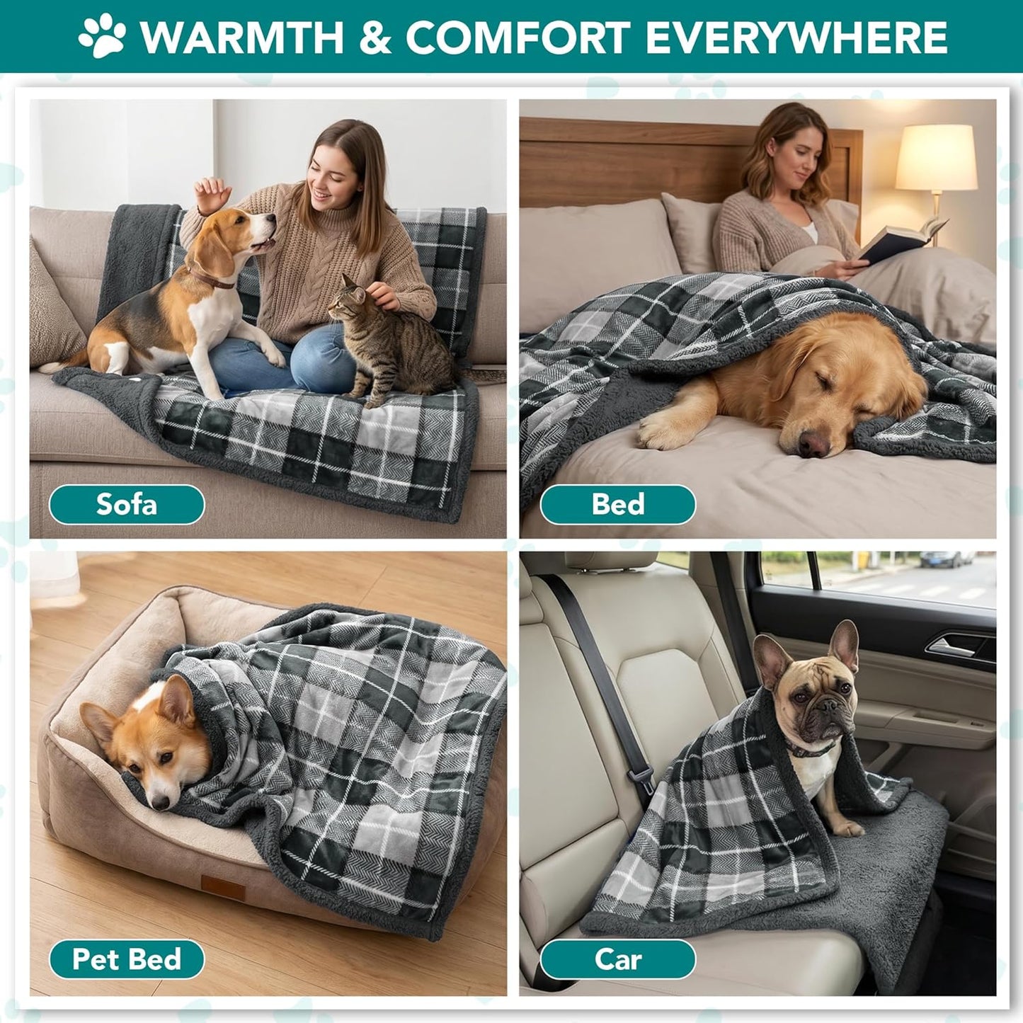 PetAmi Dog Blanket for Medium Large Dogs, Pet Bed Blanket Cat Puppy Kitten, Fleece Furniture Couch Cover Protector Sofa Car, Soft Sherpa Dog Throw Plush Reversible Washable, 40x60 Plaid Dark Gray