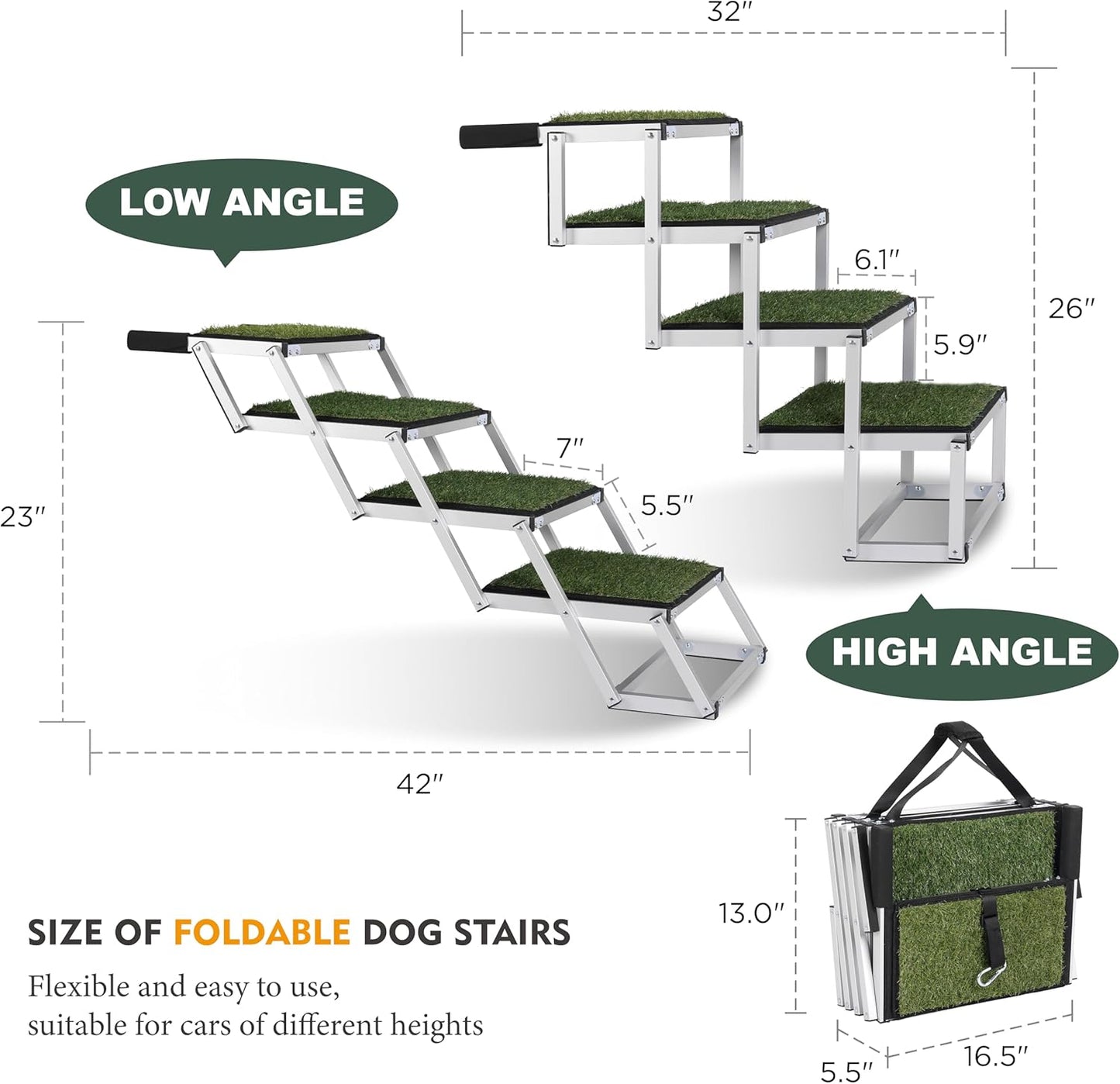 Foldable Dog Stairs for Cars, 4 Steps Wide Dog Ramp for Large Dogs with Non-Slip Surface, Lightweight Aluminum Foldable Steps for High Beds, Cars, SUVs, Trucks, Supports up to 250 lbs