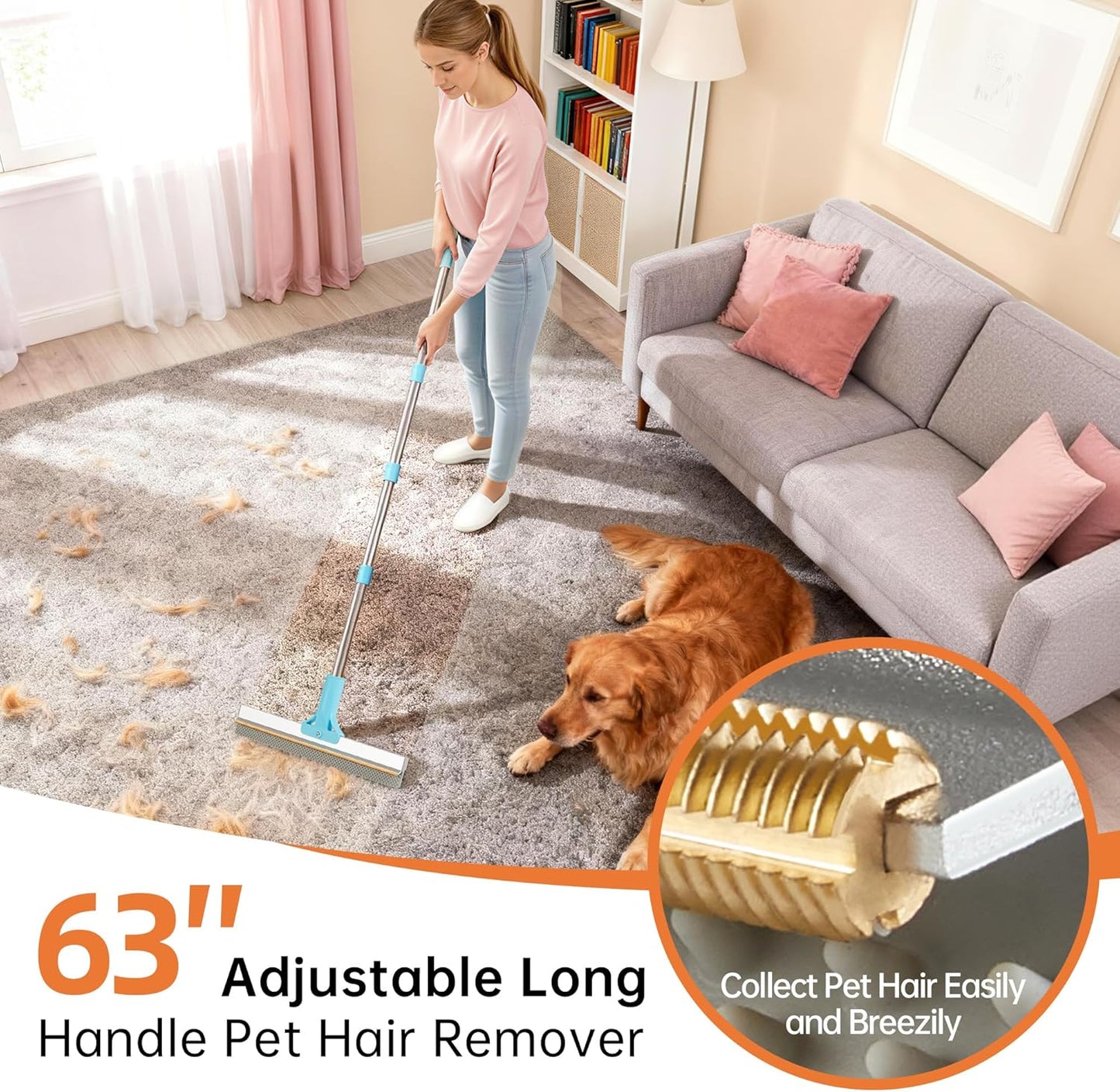 Carpet Rake for Pet Hair Removal Tool, 2 in 1 TPU and Copper Rake Teeth Uproot Clean Hair Remover with 63’’ Adjustable Long Handle,Cat & Dog for Carpets,Rugs, Mats (63’’ Long Handle+1 Short Handle)