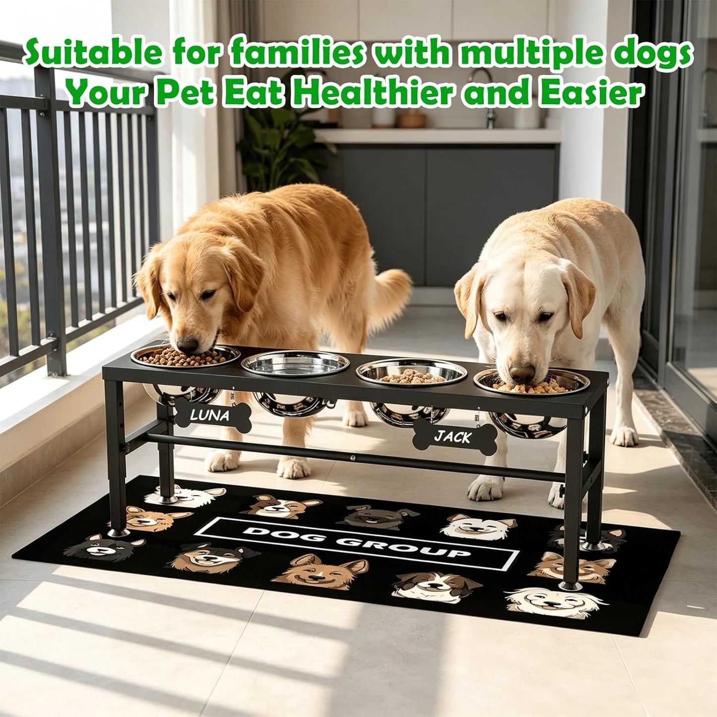 SHAINFUN Metal Elevated Dog Bowls Stand for Large Dogs with Mat & Three 58oz Food Water Bowls, Adjustable Height Raised Dog Bowl Stand