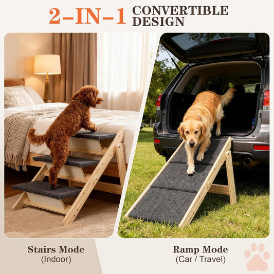 Dog Ramp, Durable Pet Stairs for High Beds, 2-in-1 Foldable Wooden Dog Steps for Couch and Car, Joint-Friendly Stairs for Senior Dogs, Non-Slip Carpeted Pet Steps with High-Weight Capacity