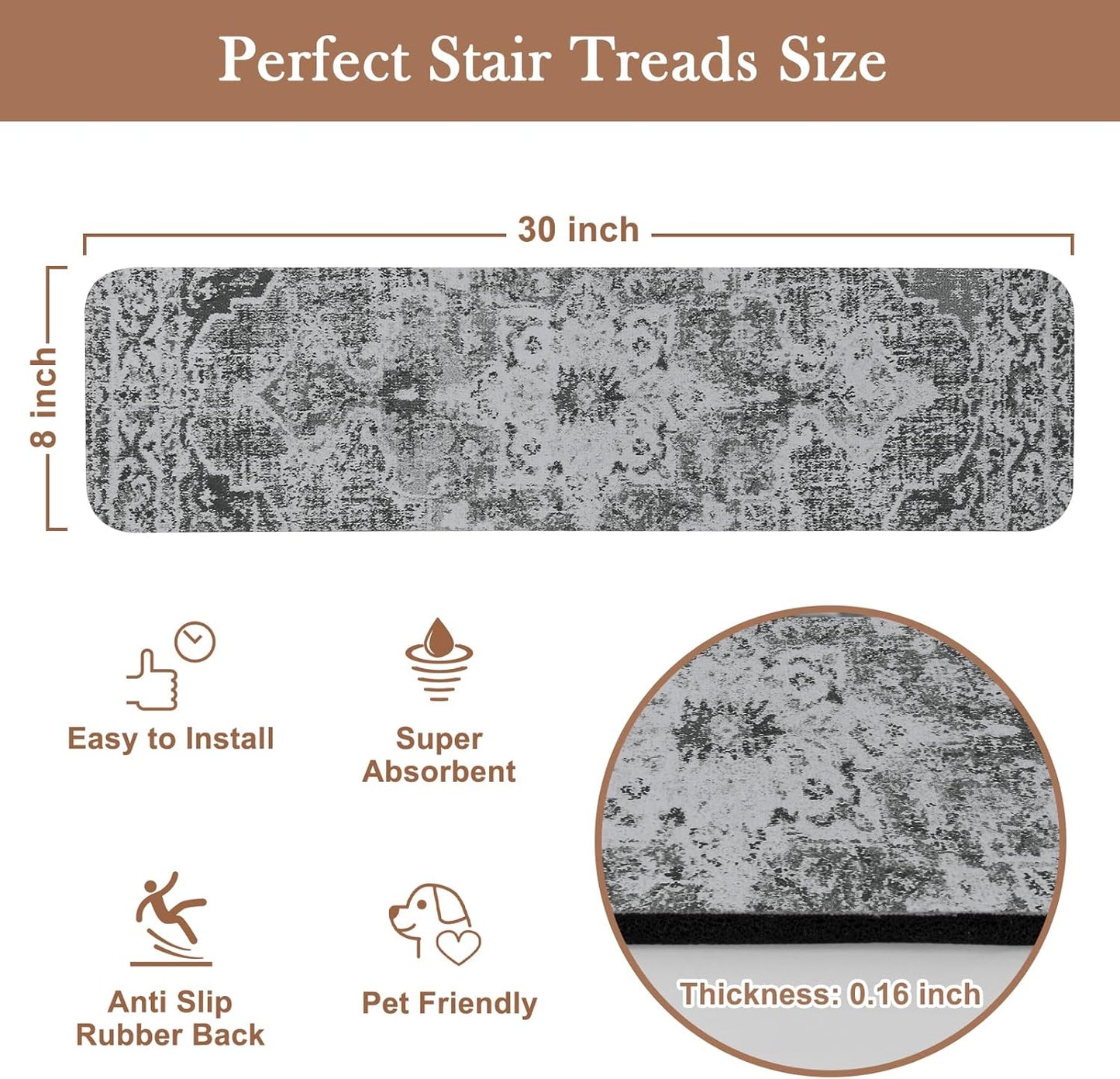 OJIA Non-Slip Carpet Stair Treads for Wooden Steps Set of 15, 30''X8'' Indoor Runner Resistant Rugs Rubber Safety Mats for Dogs, Kids & Elders, Stairway Grip