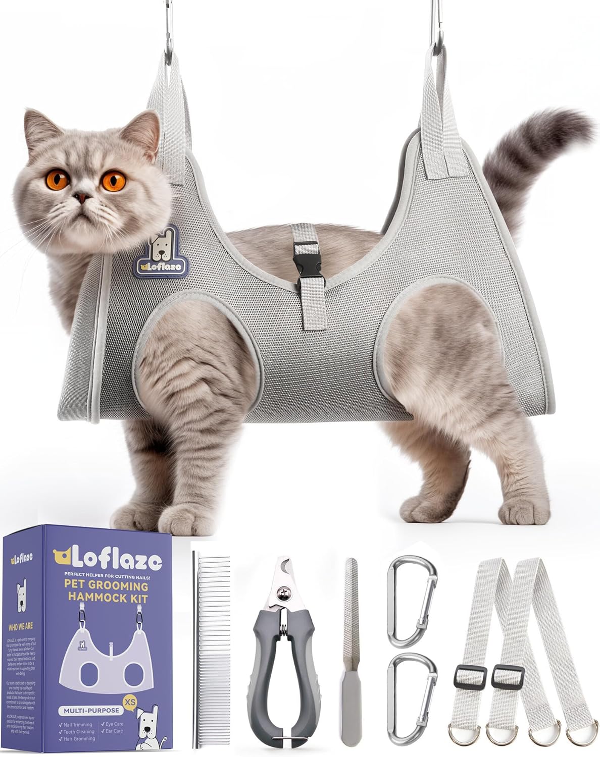 Loflaze Dog Grooming Hammock Harness for Dogs & Cats with Pet Nail Clipper Trimmer - Cat Hanger Sling for Trimming Clipping Nails- Dog Hammock Restraint Bag for Small Medium Large pet （ Grey S ）