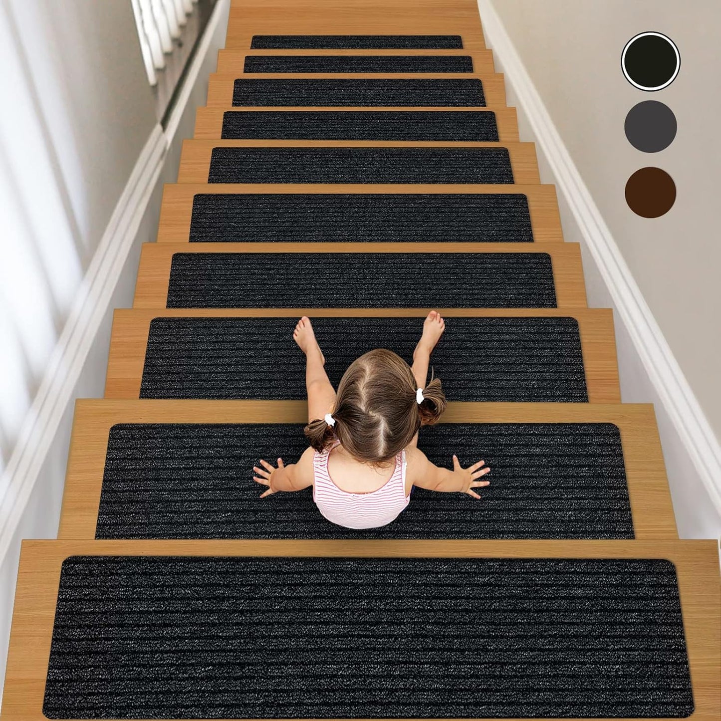 Stair Treads for Wooden Steps Carpet, Non-Slip Stair Runner Indoor Outdoor Stair Tread Mats Covers Pads, 19" x 31"Matching Landing Step Runner for Elders, Kids and Dogs (19" x 31", Black)