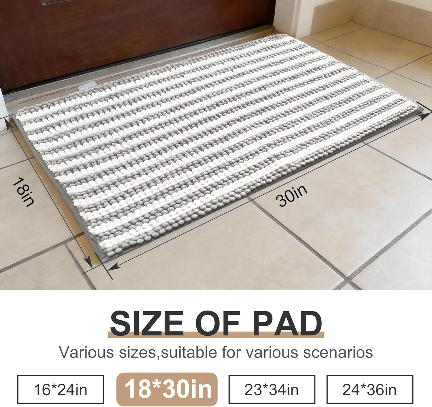 pobopobo Dog Door Mat for Muddy Paws - Absorbent & Washable Chenille Rug, Non-Slip Dirt Trapper for Indoor Outdoor Entryway, Quick Dry Pet Mat for Muddy Dogs (Striped Gray-Blue&White, 24" x 16")