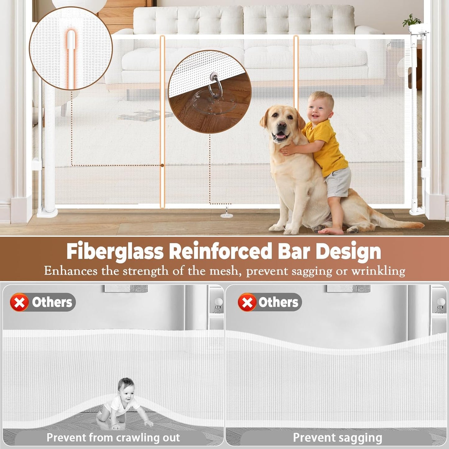 236" Retractable Baby Gate Extra Wide, 41" Tall Retractable Dog Gate for Stairs, Doorways, Decks, Mesh Gate Long Child Gate Pet Gate for Indoor, Outdoor, with Reinforced Mesh Rods, Dual Locks