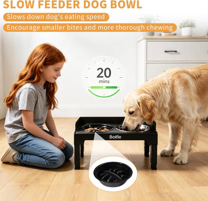 Elevated Dog Bowls for Small Medium Large Dogs 5 Adjustable Heights, 2-in-1 Raised Dog Feeder with 2 Stainless Steel Bowls & Slow Feeder, No Spill Pet Food Water Bowl Stand with Non-Slip Base