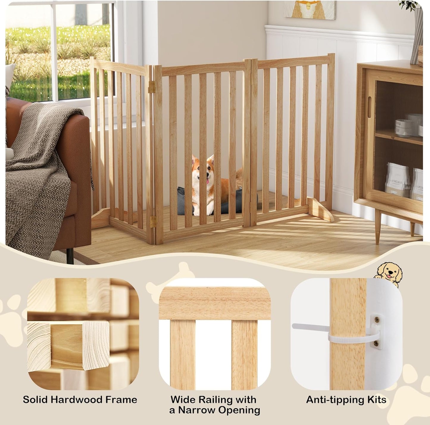 36" Height Extra Tall Freestanding Pet Gate, Solid Wood Folding Safety Fence Wooden Dog Gate with 2 PCs Support Feet Ideal for Stairs, Doorways, Halls, Kitchens, Heavy Duty Gates, 3 Panels, Oak