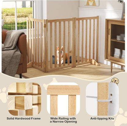 36" Height Extra Tall Freestanding Pet Gate, Solid Wood Folding Safety Fence Wooden Dog Gate with 2 PCs Support Feet Ideal for Stairs, Doorways, Halls, Kitchens, Heavy Duty Gates, 3 Panels, Oak