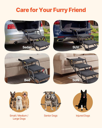 VEVOR Dog Stairs for Car, 4 Steps Extra Wide Foldable Dog Ramp for Large Dogs with Non-Slip Rug Surface, Portable Lightweight Pet Ladder for Car, SUV, Truck, High Beds, Sofas, Support up to 200 lbs