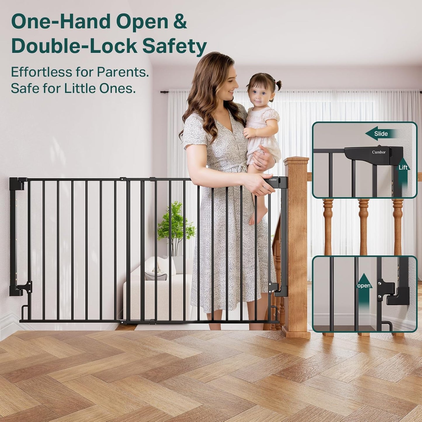 Cumbor 29.2–43" Baby Gate for Stairs, Hardware Mounted (Drill Required), Expandable No Bottom Bar Dog Gate, Auto Close Extra Wide Walk Thru, Pet & Toddler Proof Gate, Top & Bottom of Stairways(Black)