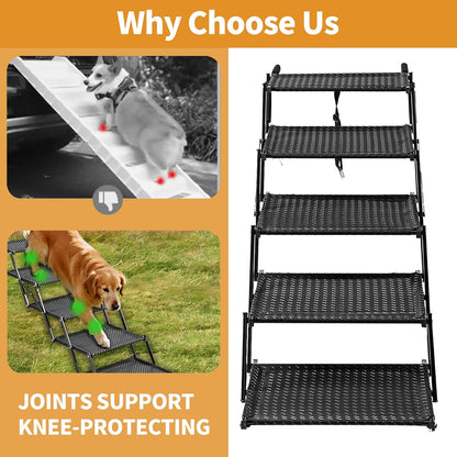 Dog Stairs for Car - Foldable 5-Step Non-Slip Pet Stairs for Home, Lightweight Dog Steps for Senior & Small Dogs to SUV, Truck, Bed - Supports 200 lbs