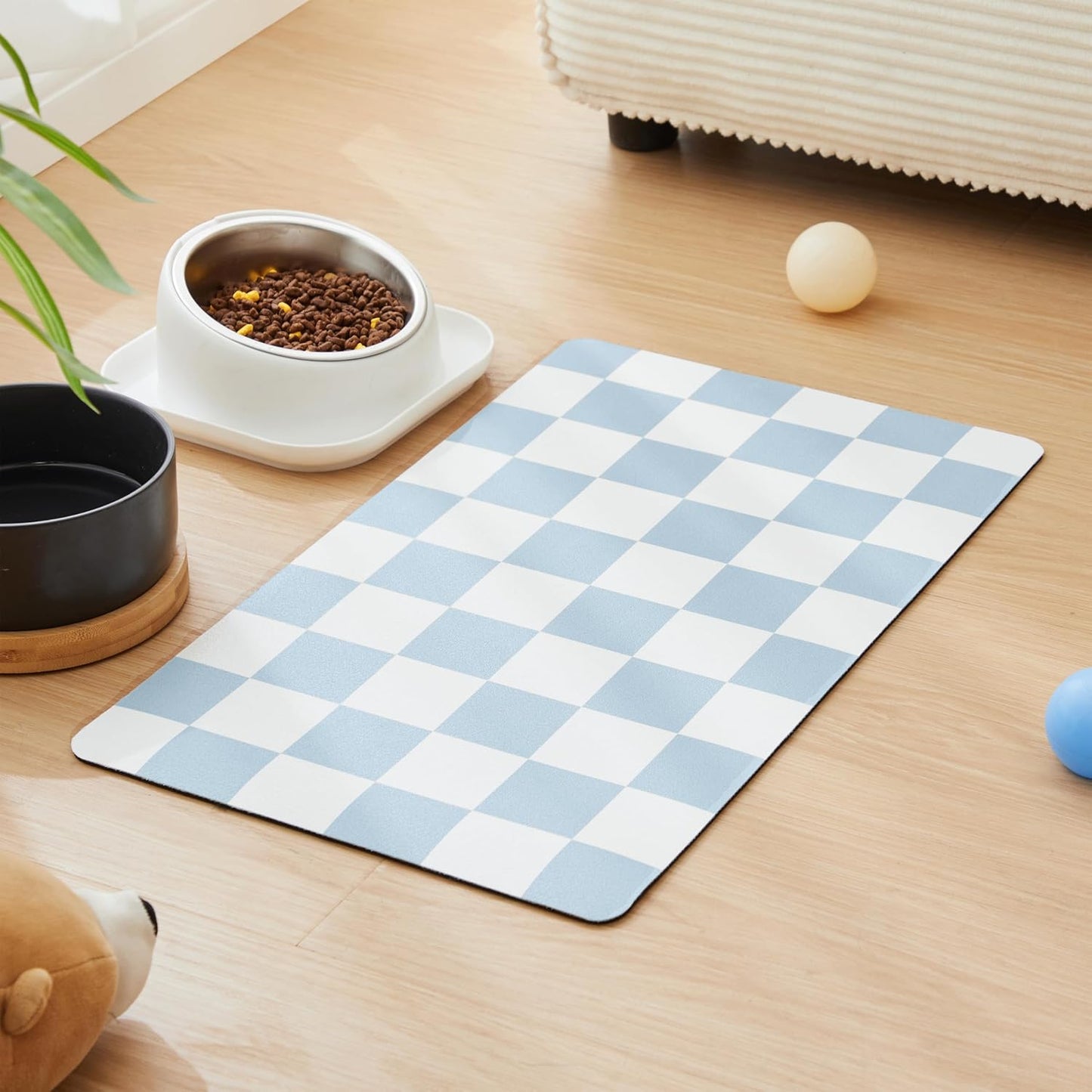 Checkered Dog Feeding Mat, Absorbent Mats for Dog Food and Water Bowl, Dispenser, Retro Aesthetic Khaki Beige Checkerboard Pet Placemat for Dogs, Cats, Puppy Accessories, 12" X 19”