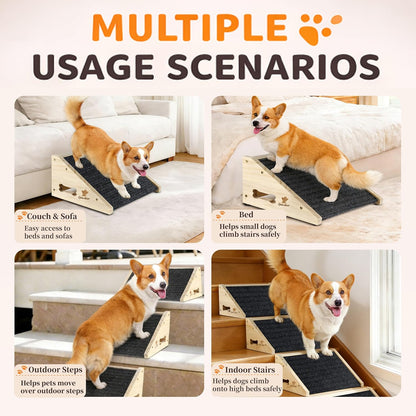 Wooden Dog Ramp for Bed, Sofa - Portable Pet Ramp with Non-Slip Carpet Surface & Bone-Shaped Handle, Senior Dog Stairs for Small Medium Breeds
