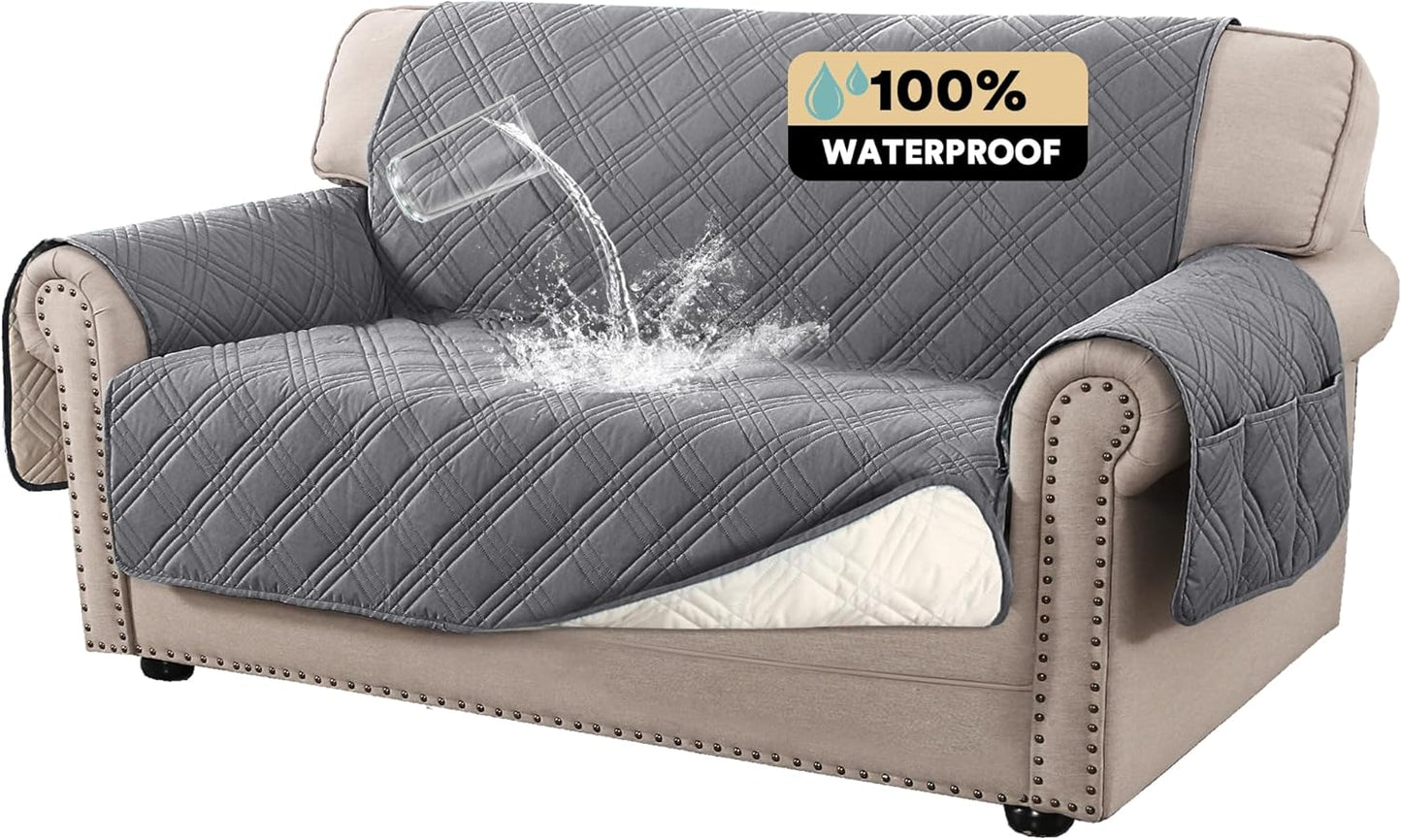 PrinceDeco 100% Waterproof Couch Cover for 3 Cushion Couch Sofa Pet Friendly Non-Slip Couch Cover for Dogs Washable Water Resistant Furniture Protector with Elastic Straps(Sofa 68", French Oak)