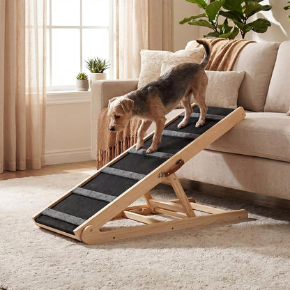Dog Ramp for Bed, 43.5" Long Wooden Foldable Dog Ramp, 6 Adjustable Heights from 14" to 26" with Anti-Slip Traction Mat, Portable Pet Ramp for Car, Bed, Couch, Max 200lbs - 43.5inch