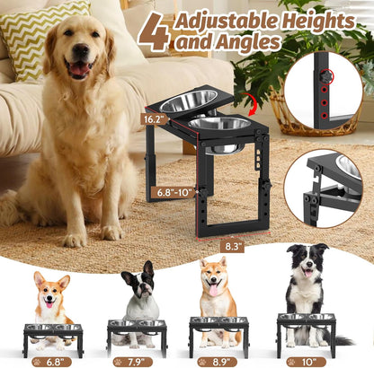 Dog Bowls Elevated, 4 Height (9.6" to15) & Angle (0-20°) Adjustable Raised Dog Bowl Stand, Elevated Dogs Bowl for Medium to Large Sized, Bamboo Feeding Station with 2X 10cups Stainless Steel Dishes