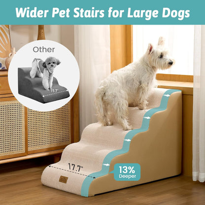 COZY KISS Extra Wide Dog Stairs with Tunnel, Foam Detachable Large Dog Step for Small Pet, Puppy or Cats, Medium Pet Ramp for High Bed, Couch, Sofa or Car, 19.7x33x22.4 inch, 5 Step, Beige