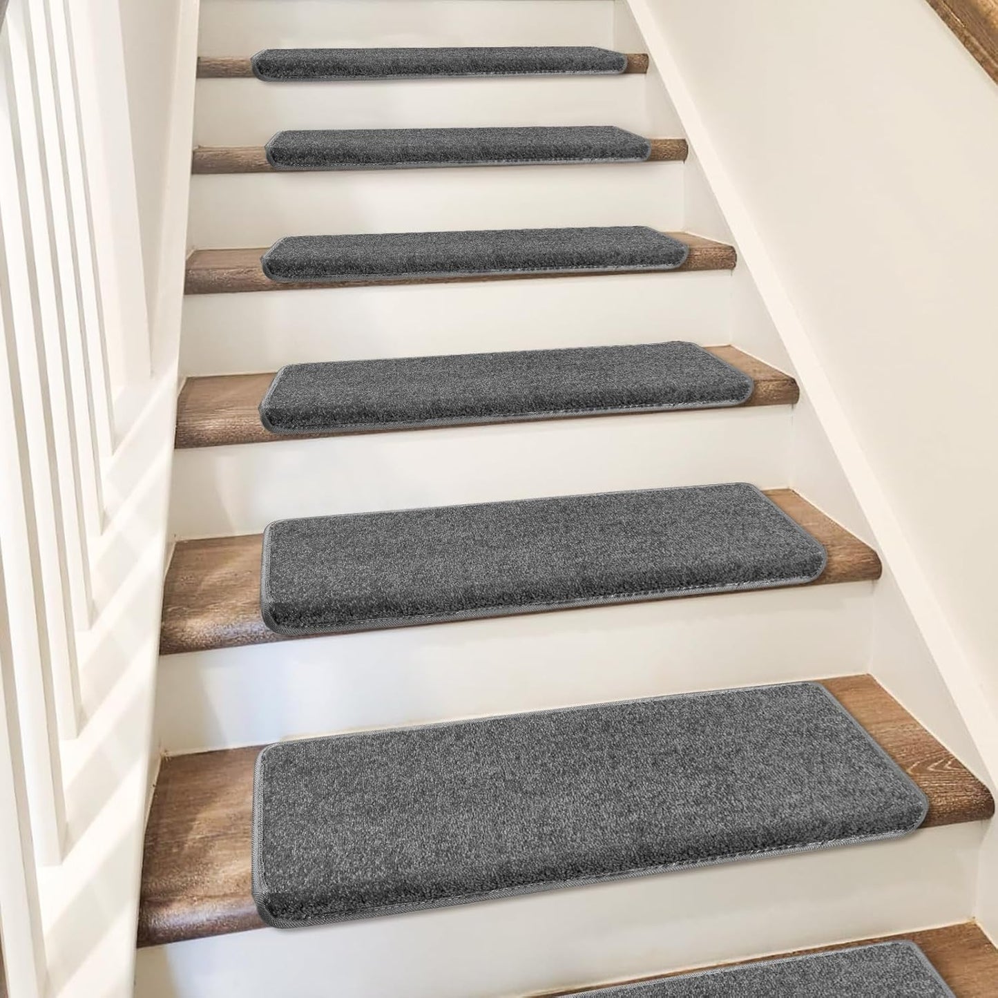 PURE ERA Bullnose Carpet Stair Treads Set Tape Free Non-Slip Indoor Stair Protectors Pet Friendly Rugs Covers Soft Skid Resistant Washable Reusable 9.5" x 30"(14 Pieces,Cream Gray)