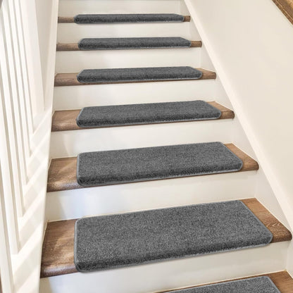 PURE ERA Bullnose Carpet Stair Treads Set Tape Free Non-Slip Indoor Stair Protectors Pet Friendly Rugs Covers Soft Skid Resistant Washable Reusable 9.5" x 30"(14 Pieces,Cream Gray)