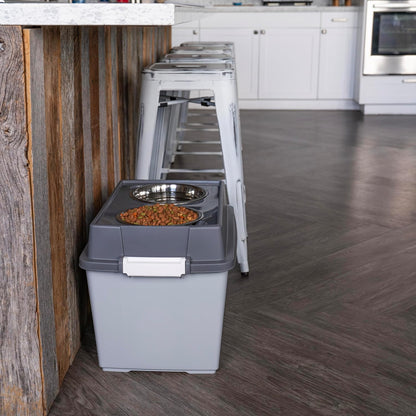 IRIS USA Dog Bowls Elevated with Storage, 15" H Raised Feeding Station, Dog Bowl Stand with Airtight Food Storage Holds 47 lbs, 2 Removable 64 oz Stainless Steel Bowls for Large Dogs, Smoke/Black