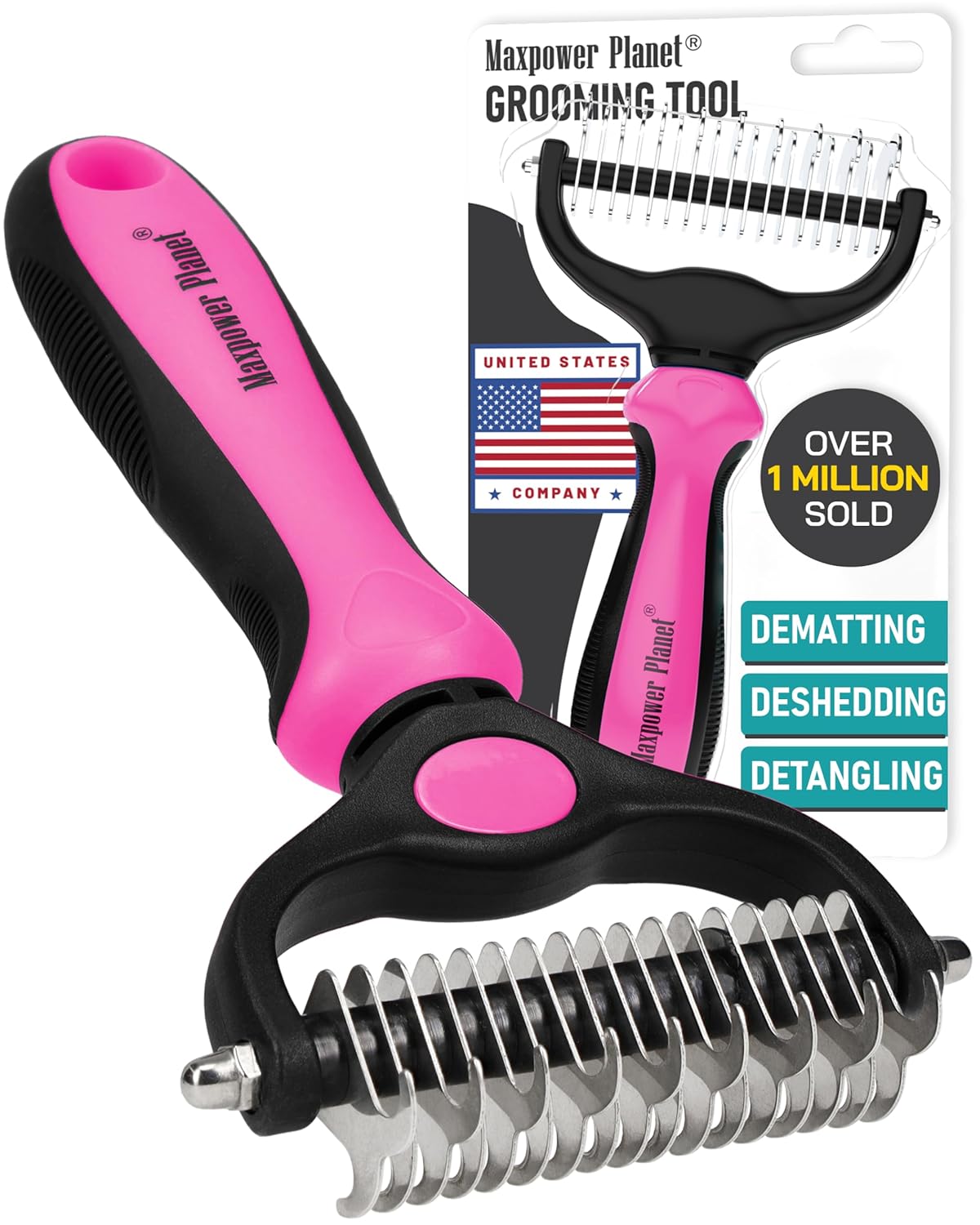 Maxpower Planet Dog Rake and Dog Hair Brush - Gently Removes Loose Undercoat, Mats and Tangled - Deshedding Grooming Tool for Dogs & Cats - Self Cleaning Slicker Brush - All Hair Types