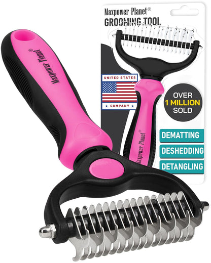 Maxpower Planet Dog Rake and Dog Hair Brush - Gently Removes Loose Undercoat, Mats and Tangled - Deshedding Grooming Tool for Dogs & Cats - Self Cleaning Slicker Brush - All Hair Types
