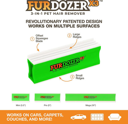 FurDozer Pet Hair Remover & Auto Detailing Tools - Cat & Dog Hair Remover for Carpets, Car Interiors, Couches, Bedding, & Pet Furniture (Gray, X3 PRO - 5" Long)