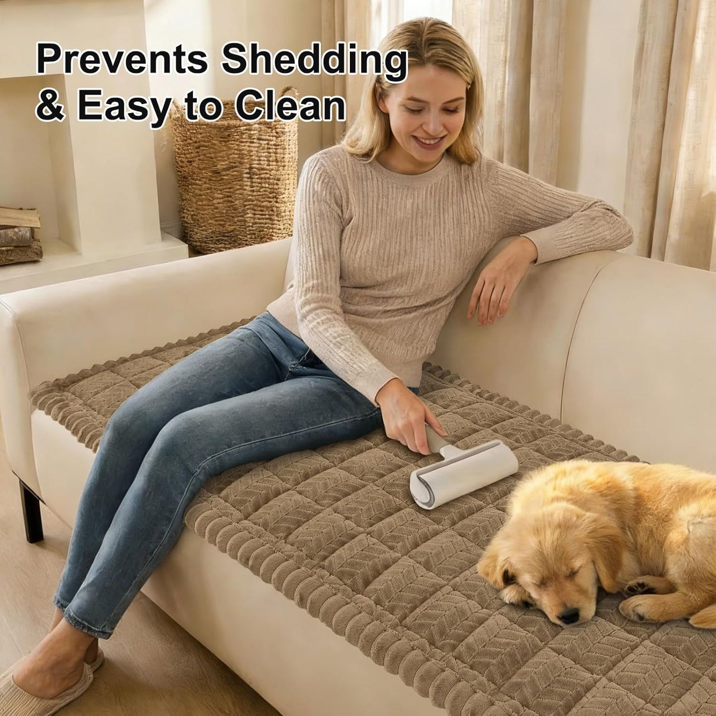 Smiry Non Slip Couch Covers for Dogs, Fuzzy Pet Couch Covers for 2-3 Cushion Sofa Pet Friendly, Soft Sofa Slipcovers Cushion Furniture Protector Washable (Beige, 27.6" x 59")