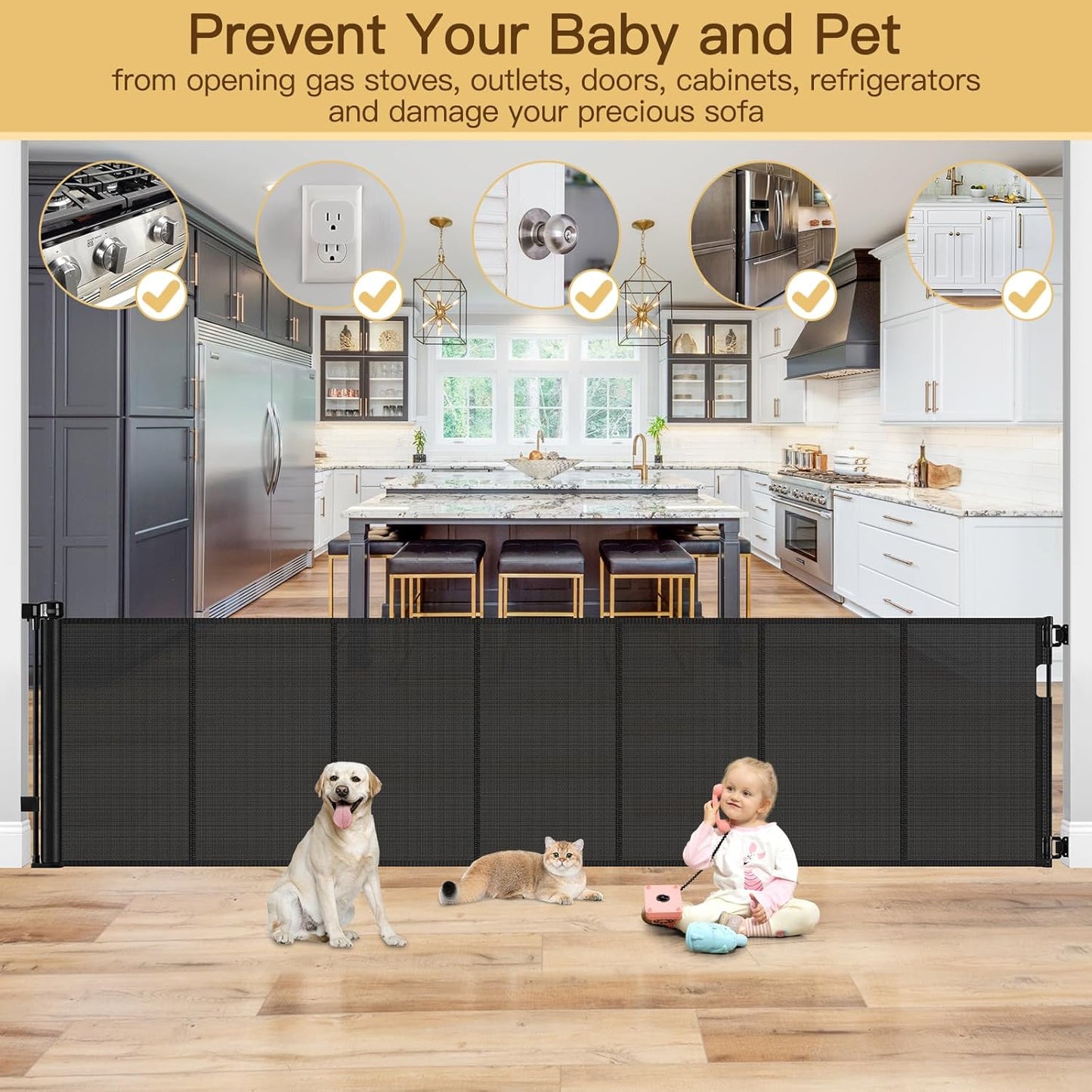 Reinforced 80 Inch Retractable Baby Gate Extra Wide Baby Gate for Wide Openings, Indoor/Outdoor Retractable Dog Gate for Doorway, Mesh Dog Gate Indoor Prevent Babies/Pets from Crawling Under, Black