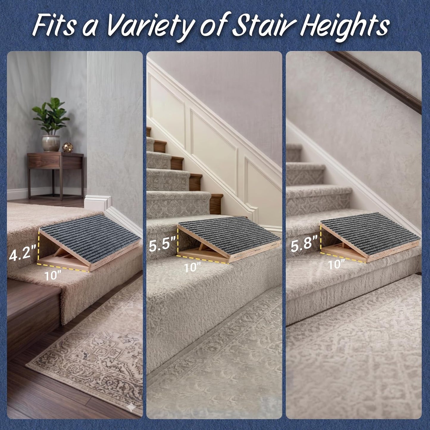 Dog Ramp for Stairs 2 Pack - Adjustable Wooden Stair Wedges for Small Dogs, Foldable Indoor Dog Stair Ramp with Triangular Support and Non-Slip Pads for Senior and Short-Legged Pets