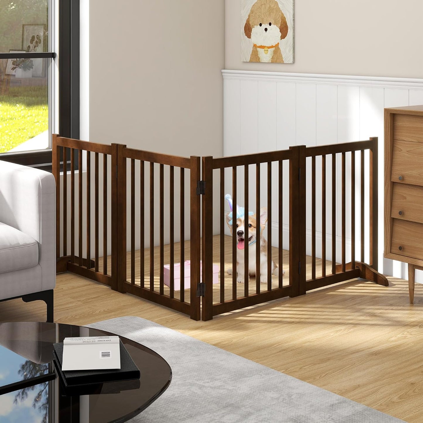 36" H Freestanding Dog Gate, Solid Wood Foldable Pet Gate with Support Feet, Wooden Tall Dog Gate for Doorway, Stairs & Indoor Use, 60" Wide Expandable Pet Fence, 3 Panels, Walnut