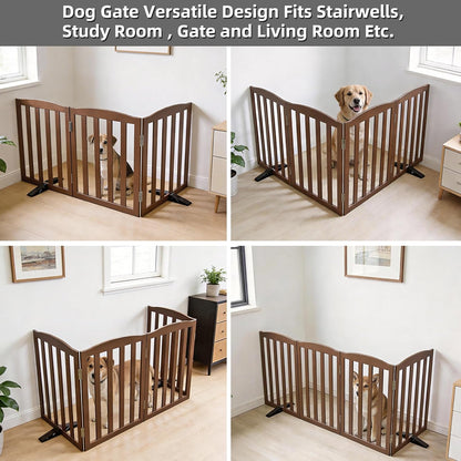 Freestanding Dog Gate Indoor,Doggie Gate Foldable Dog Gates for Doorways,Stairs or Hallways, Wooden White Pet Gate for the House, Pet Fence with Support Feet Included,24 "Height-4 Panels