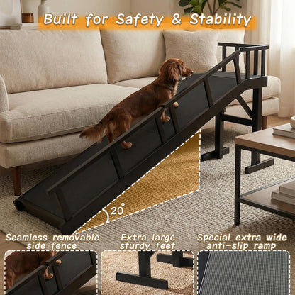 61" Dog Ramp for Bed with Rest Platform & Glow Strips, 20° Gentle Slope, EVA Non-Slip Surface, Removable Safety Rails, Birchwood Solid Wood, for Small, Large & Senior Dogs, Joint Protection, Black