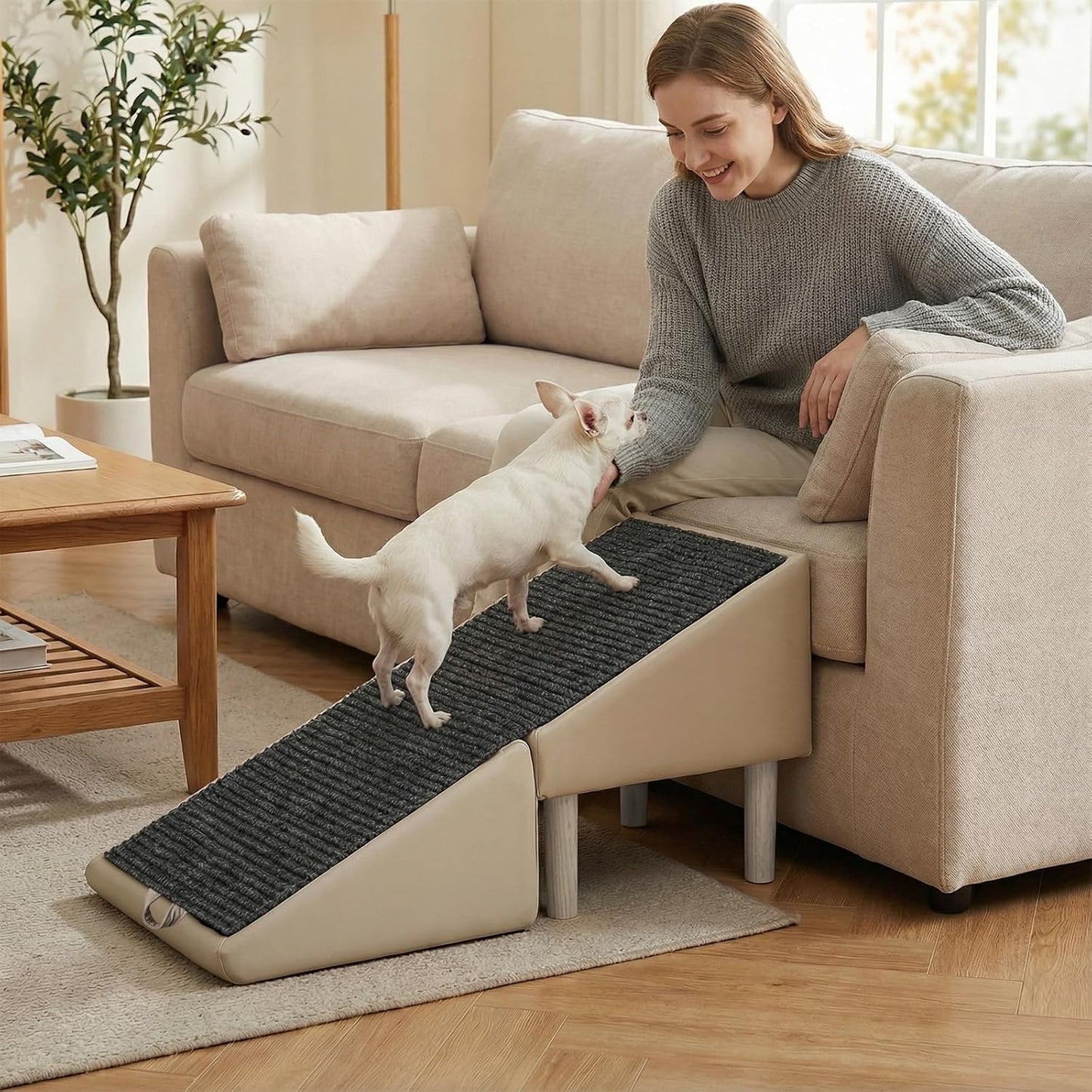 Dog Safety Ramps, Foldable 2-in-1 Wooden Pet Stairs & Steps & Ottoman, Solid Wood Anti-Slip & High-end Leather Material Pet Ramp, Split Ottoman Design, Pet Steps for Puppy Senior Injured Dogs