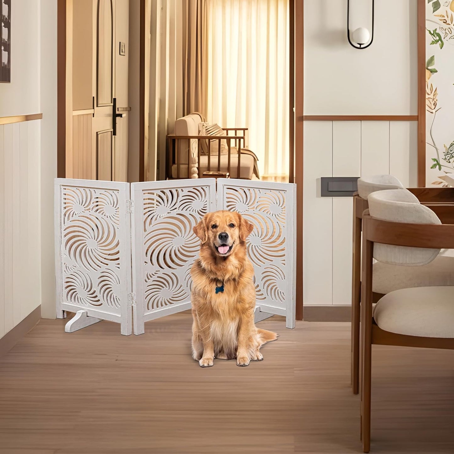 Freestanding Pet Gate for Dogs, Foldable Wooden Dog Gate for House, Indoor Dog Gate for Stair, Doorway, House Design Gates for Dogs Indoor, 72 Inch Wide, (18" x4 Panels 72 inch), Burnt Finish