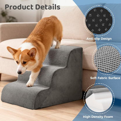 DUMOS Dog Stairs for Small and Medium Dogs, 3-Step Pet Steps with High-Density Foam, Indoor Non-Slip Pet Ramp for Puppy and Older Dogs Cats, Dog Bed Stairs for Couch and Sofa, Grey