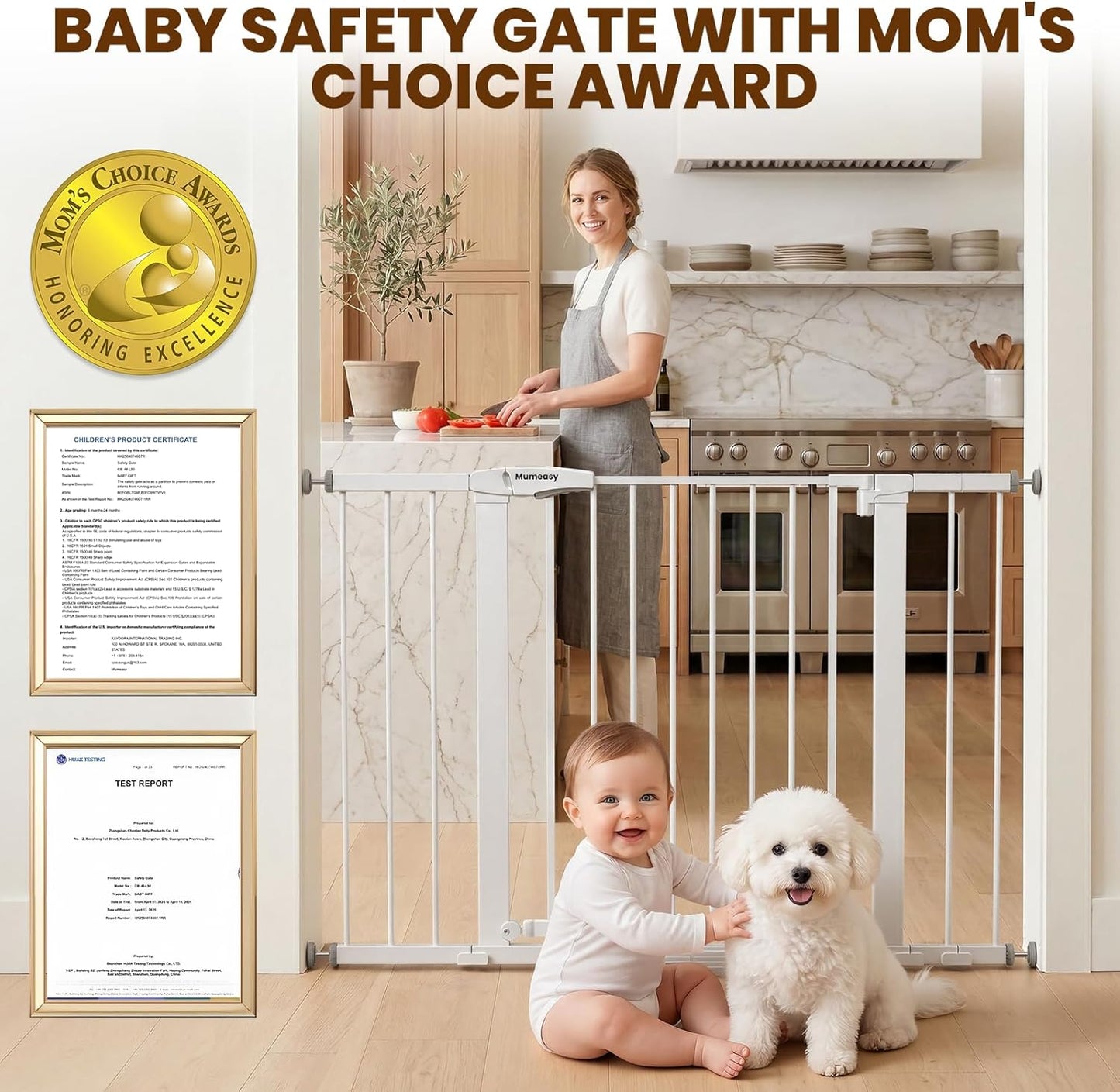 Mumeasy 29.7-46" Baby Gate for Stairs, Pressure Mounted Dog Gate for Doorways, Auto Close Walk Through Pet Gate Indoor, Extra Wide Metal Child Safety Gate, Mom's Choice Awards Winner, Black