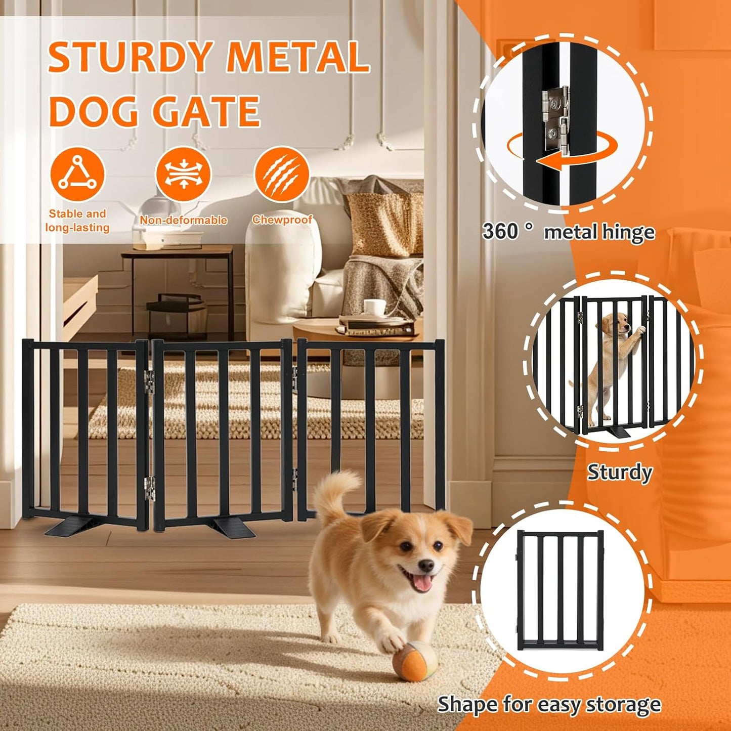 Snagle Paw Short Dog Gate,16.5" Tall Freestanding Metal Dog Gate Only for Small Dogs with Support Feet Easily Step Over,Up to 48" Wide Puppy Gate Indoor for Stairs,Doorways(Black,4 Panel)