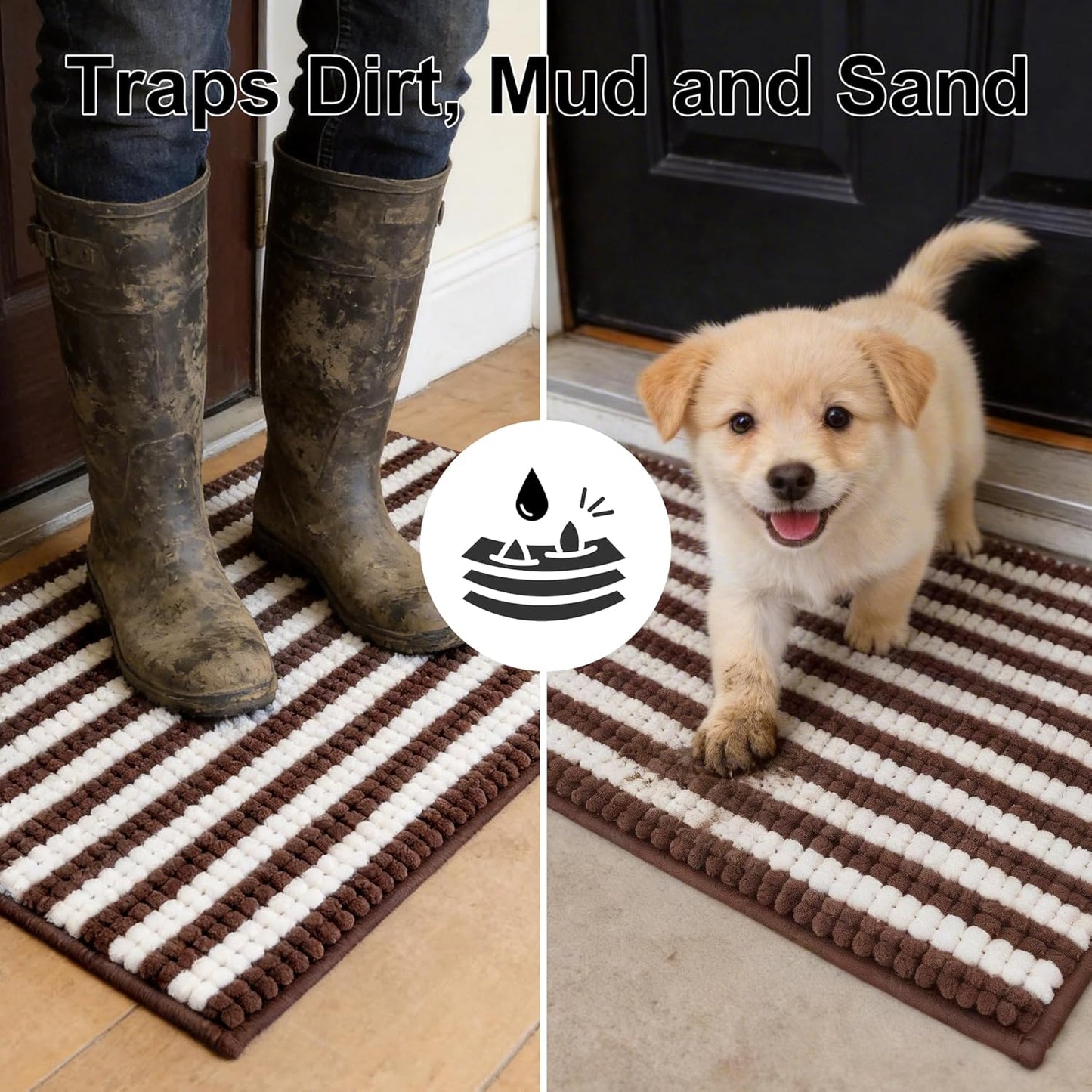 pobopobo Dog Door Mat for Muddy Paws - Absorbent & Washable Chenille Rug, Non-Slip Dirt Trapper for Indoor Outdoor Entryway, Quick Dry Pet Mat for Muddy Dogs (Striped Gray-Blue&White, 24" x 16")